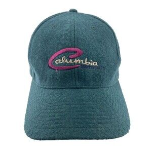 Vtg Columbia Strapback Baseball Cap Hat WOOL Blend Green Adult OS Fuzzy Hike Dad